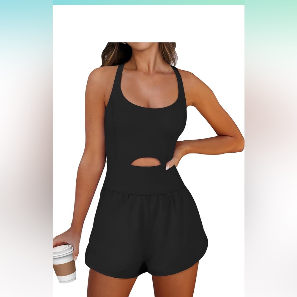 Black shorts romper with front cutout. Size medium. Never worn.